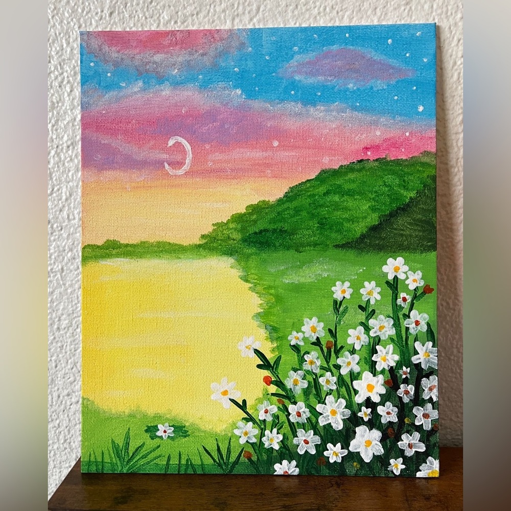 Hand- drawn canvas panel with a sunset inspired
